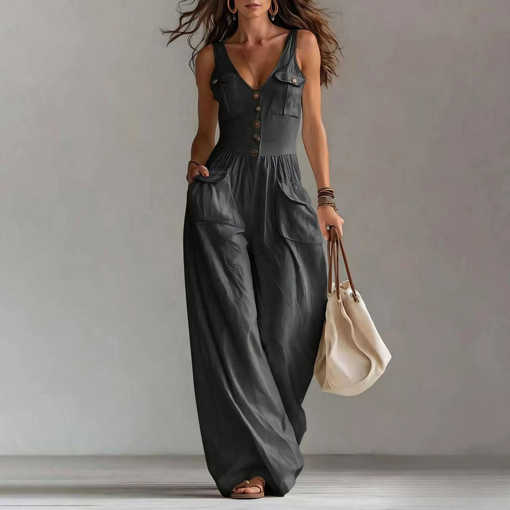 Women's Jumpsuit Featuring V-Neck, Button Decor, Wide-Leg Design and Pockets