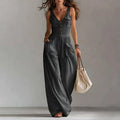 Women's Jumpsuit Featuring V-Neck, Button Decor, Wide-Leg Design and Pockets
