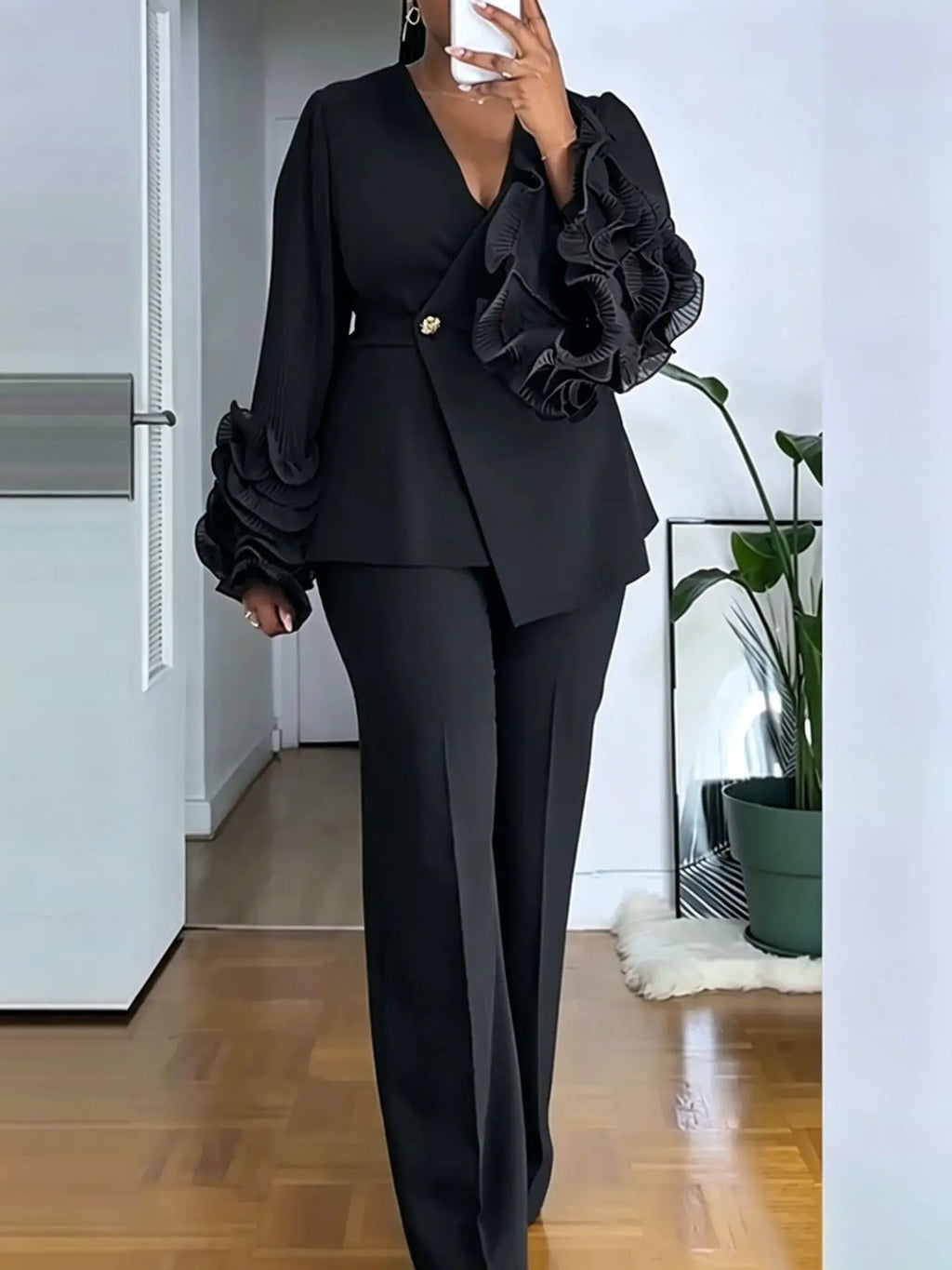 Mila Deep‑V Ruffle Long‑Sleeve Straight‑Leg Two Piece Sets