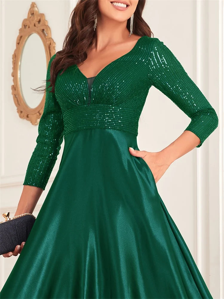 Egipt Elegant Sequins Long sleeves Evening Luxury Deep V Neck Satin Dress