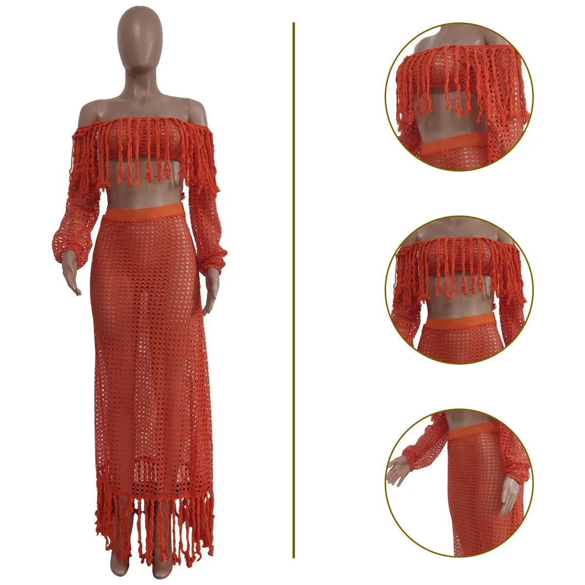 Off Shoulder Tassel Hollow Out Beach Set