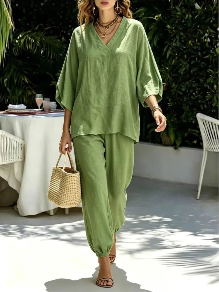 Bianca Loose Batwing Sleeve V Neck Two Piece Sets