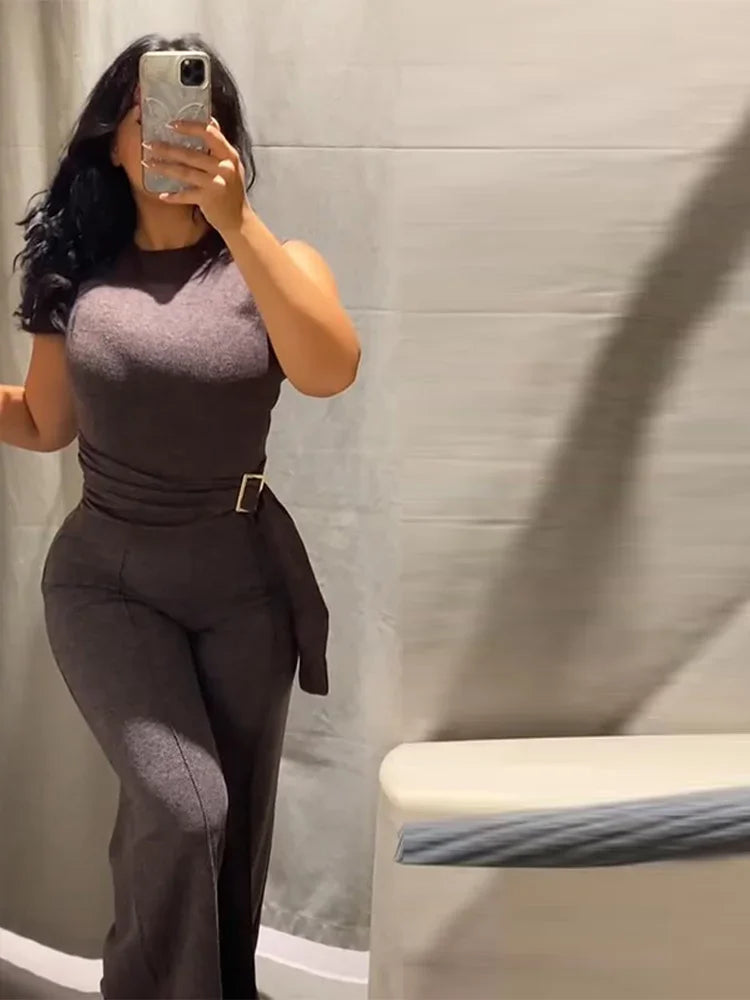 Michelle O-neck Casual Solid High Waist Two Pieces Sets
