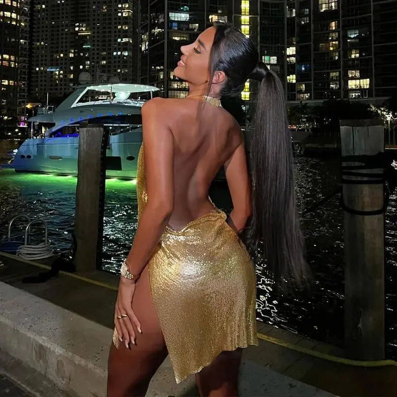 Vermont Elegant Hanging Neck Backless Bottom Chest Sequin Mini Dress