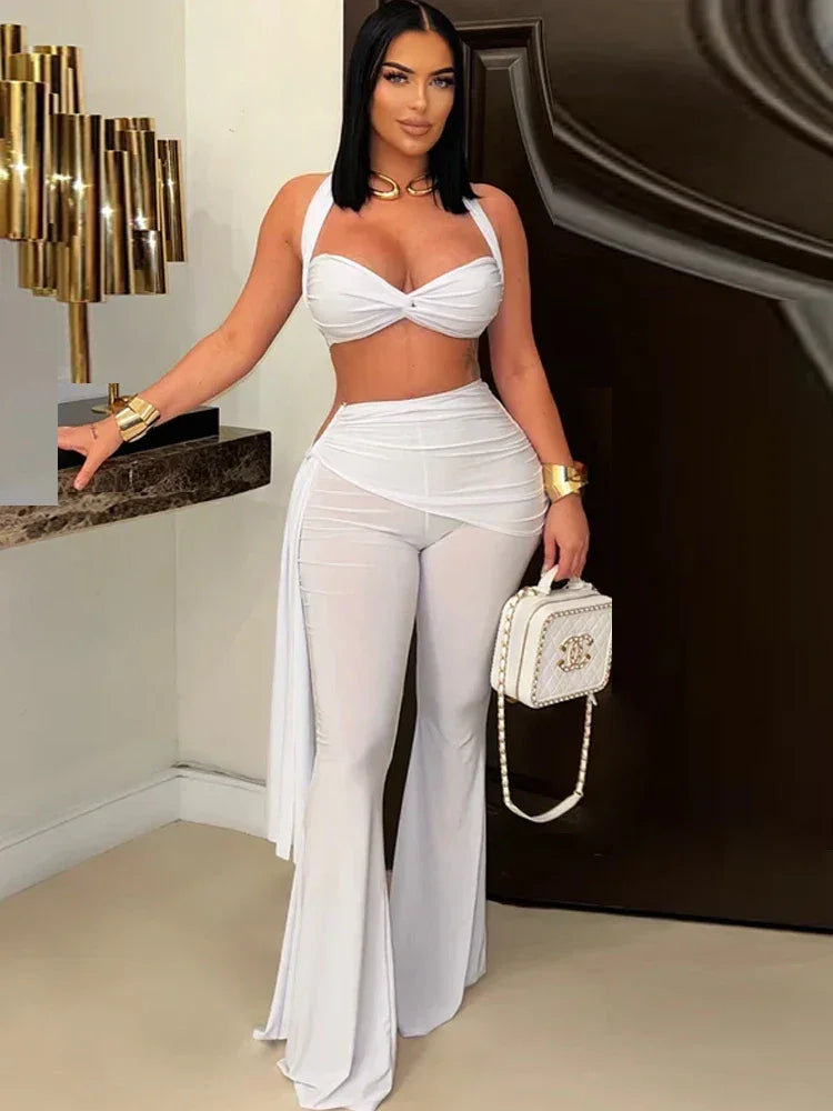 Oneonta Long Straps Wide Legs Ruched Metal Tracksuits Two Piece Set