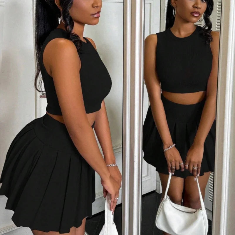Lola Sleeveless Pleated Suits Slim Two Piece Sets