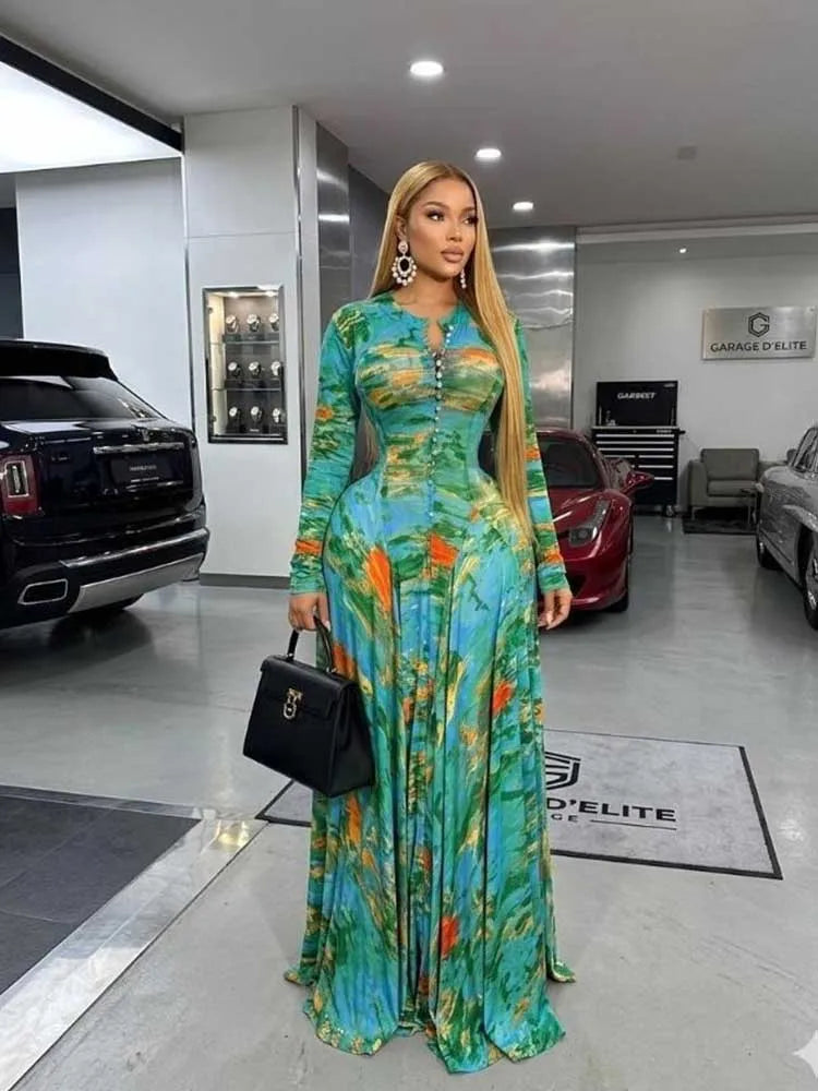 Curvy Women Round Neck Waist Slimming Floral Print Elegant Green Party Dress