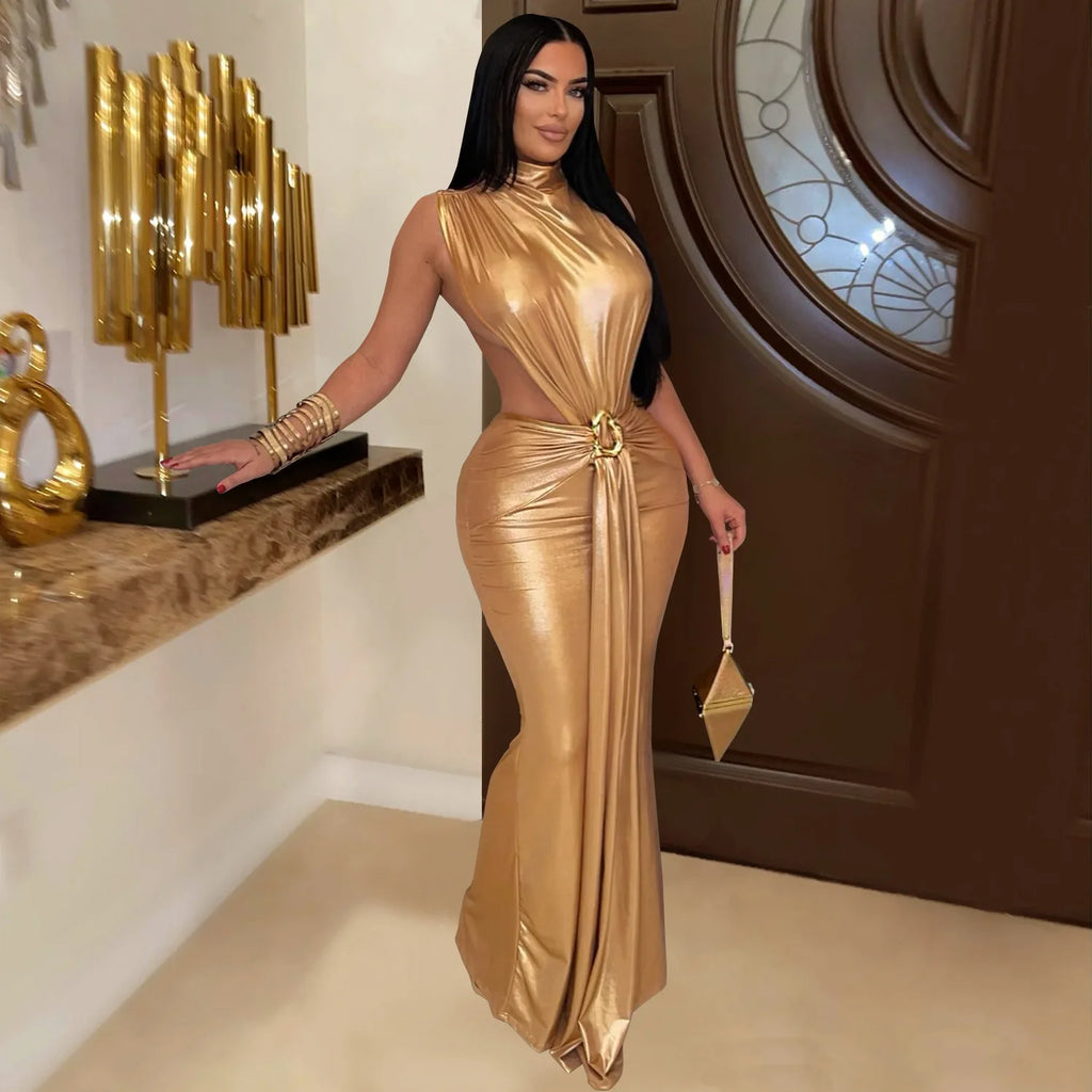 Hudson Square Side Split Ruched Sleeveless Waistless Silky Sexy Metal Button Ribbon Dress