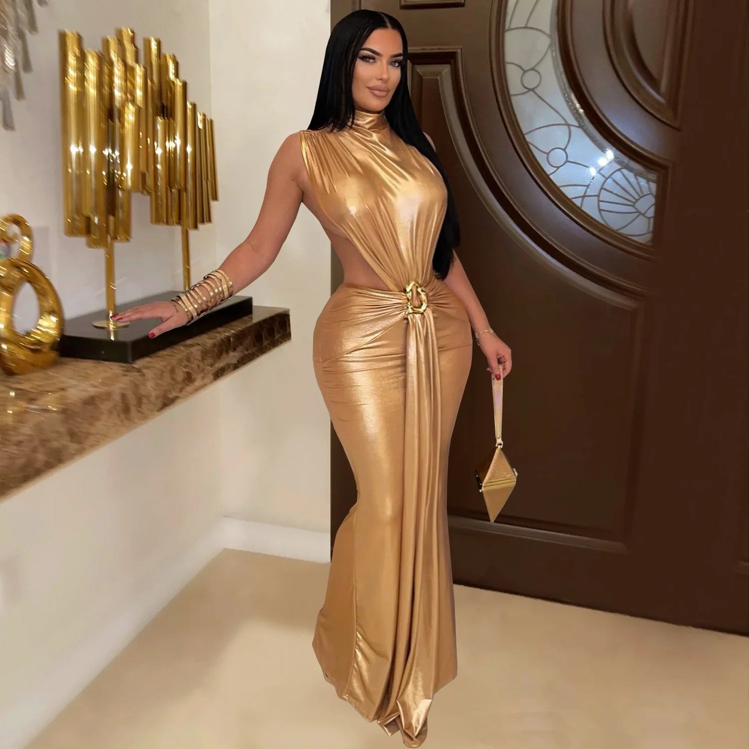 Hudson Square Side Split Ruched Sleeveless Waistless Silky Sexy Metal Button Ribbon Dress