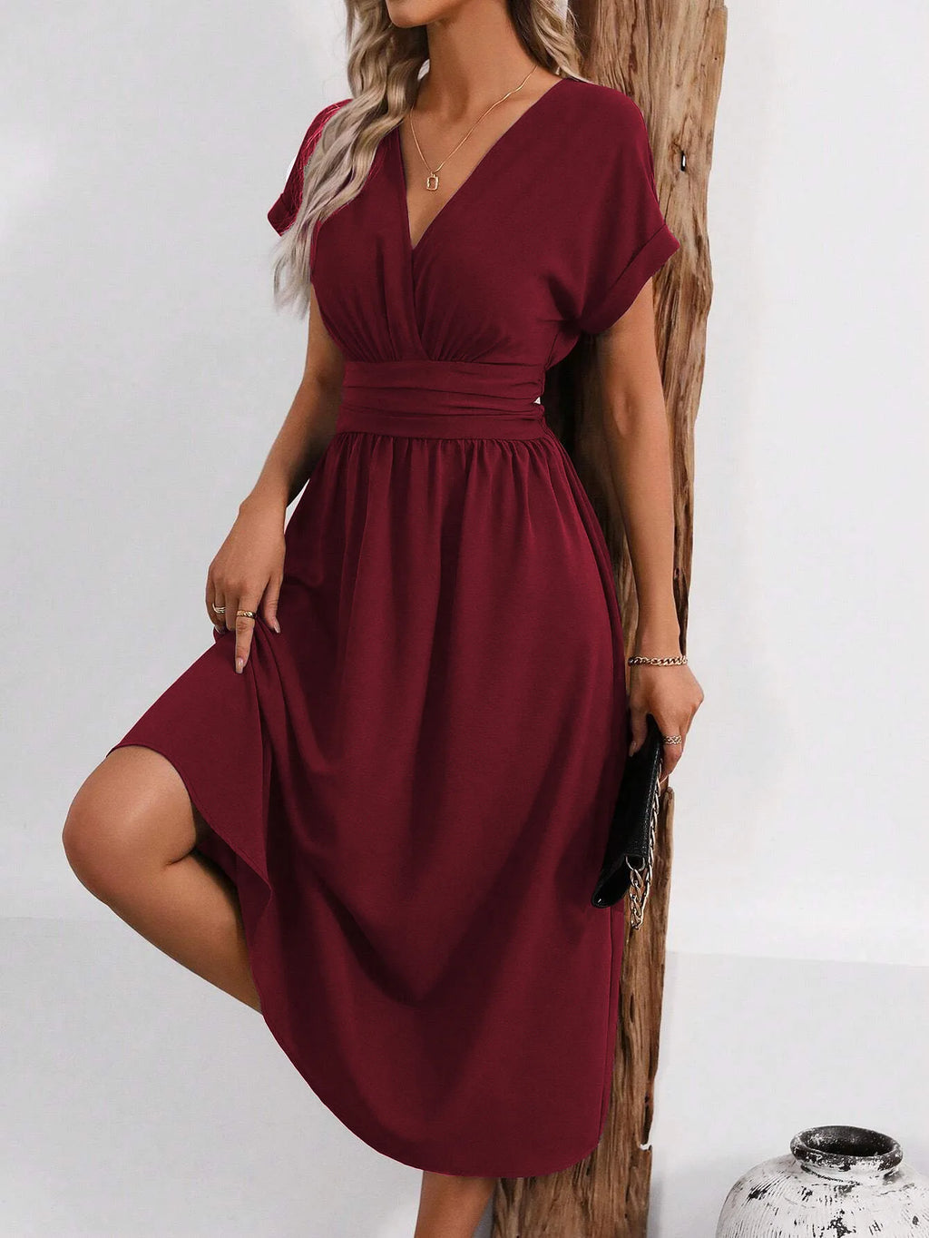 Guachupita Solid-Color V Neck Batwing-Sleeve Pleated Long Elegant Dress