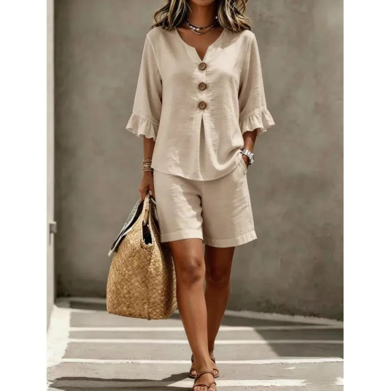 Winnie Button Flared Sleeves V-Neck Two Piece Sets