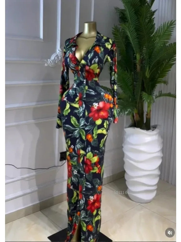 Full Sleeve Floral Print Bodycon Elegant Long Dress