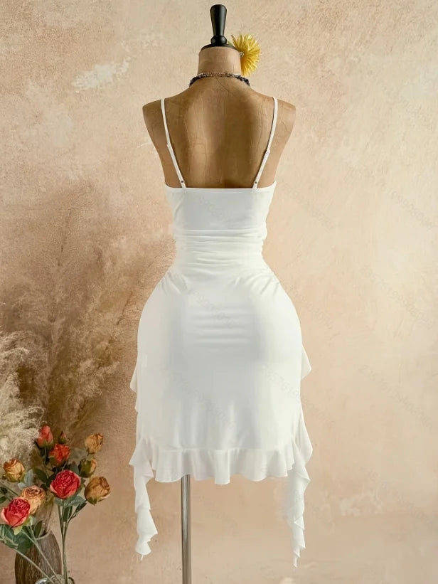 Hamburg Spaghetti Strap Asymmetrical White Folds Mini Dress