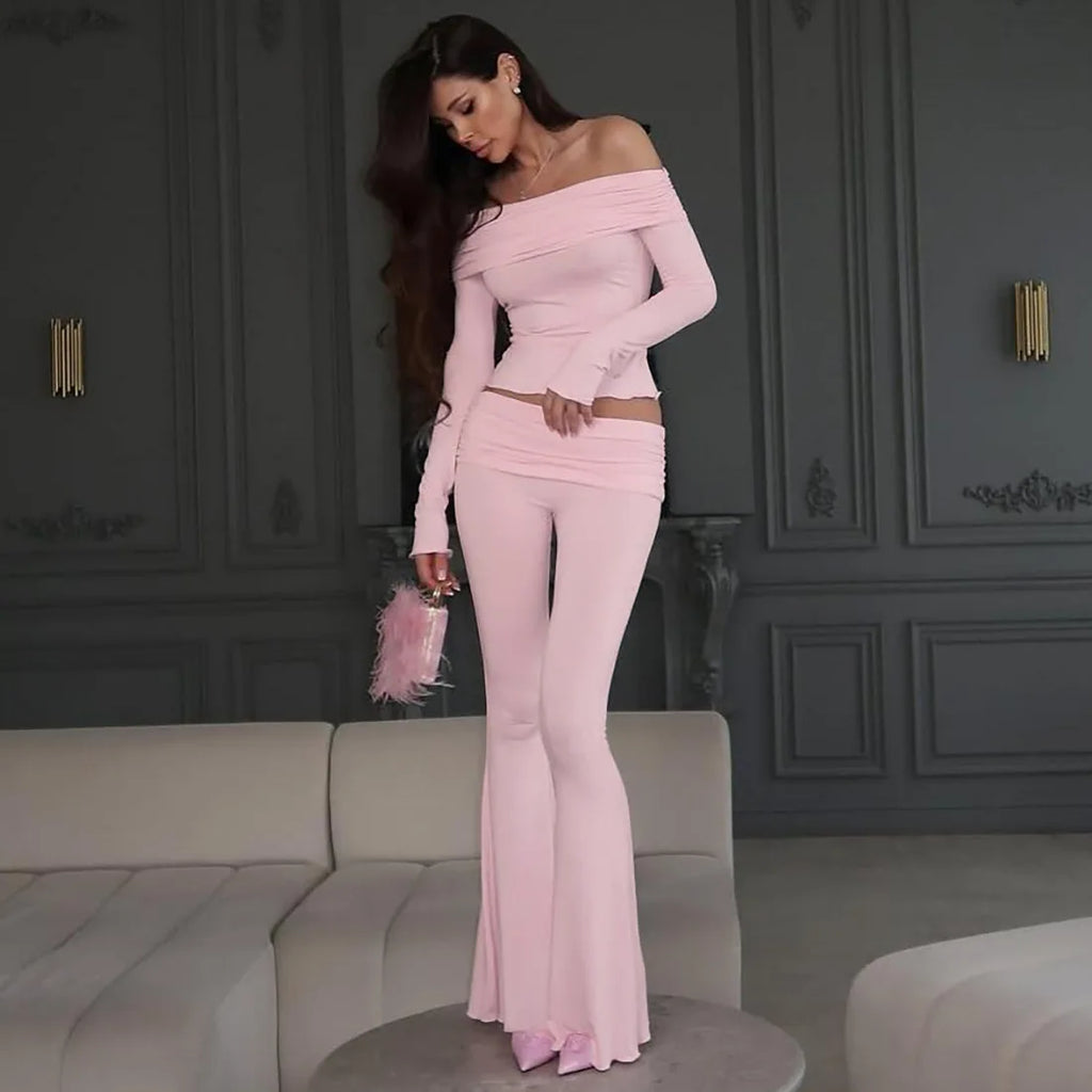 Paola Off Shoulder Solid Slim Casual Outfit Two Piece Sets