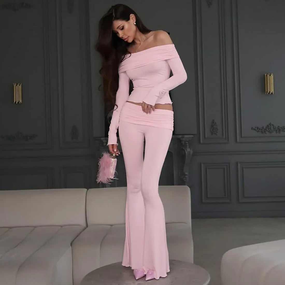 Paola Off Shoulder Solid Slim Casual Outfit Two Piece Sets