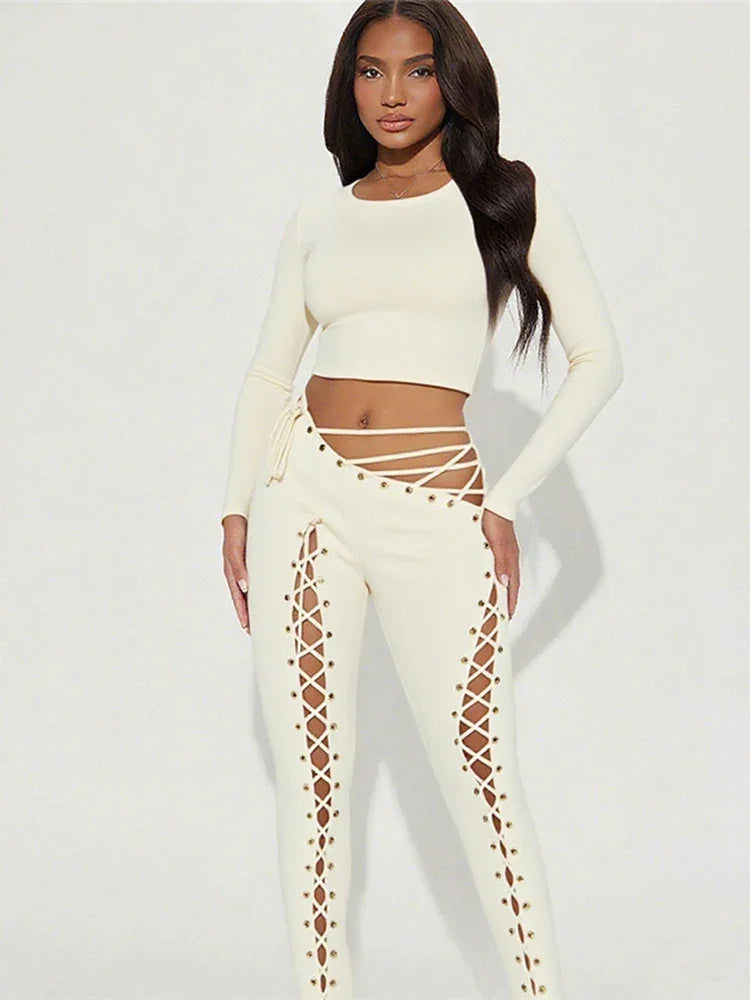 Ceshire Casual Tracksuit Full Fall Crop Shirring Irregular Stretch Streetwear Skinny Set