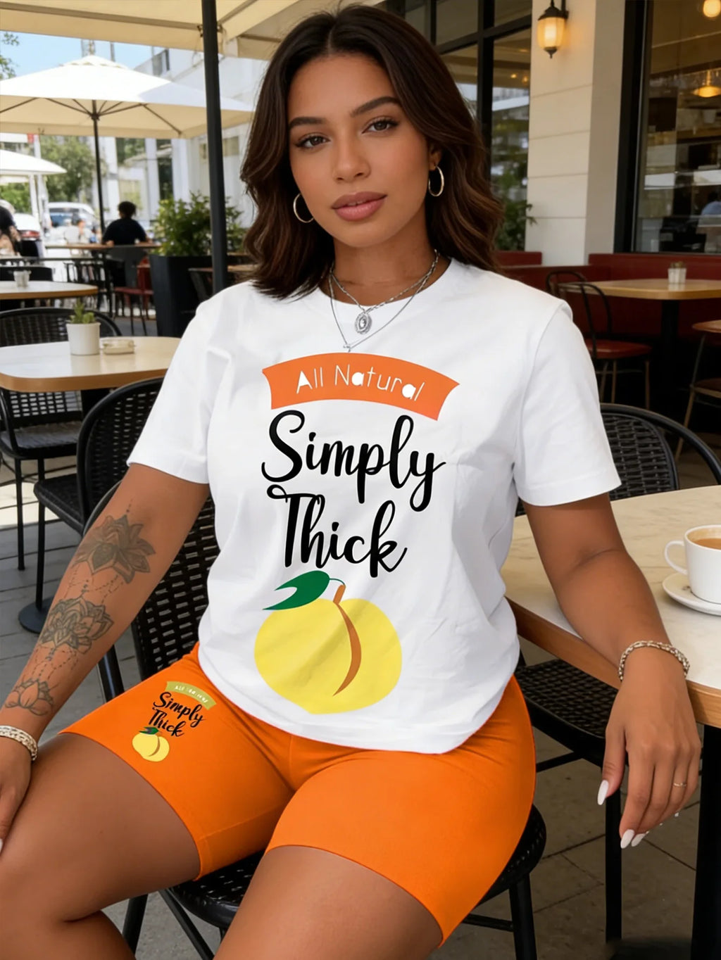 Lia Peach Letter Print Short-Sleeved Casual Two Piece Sets