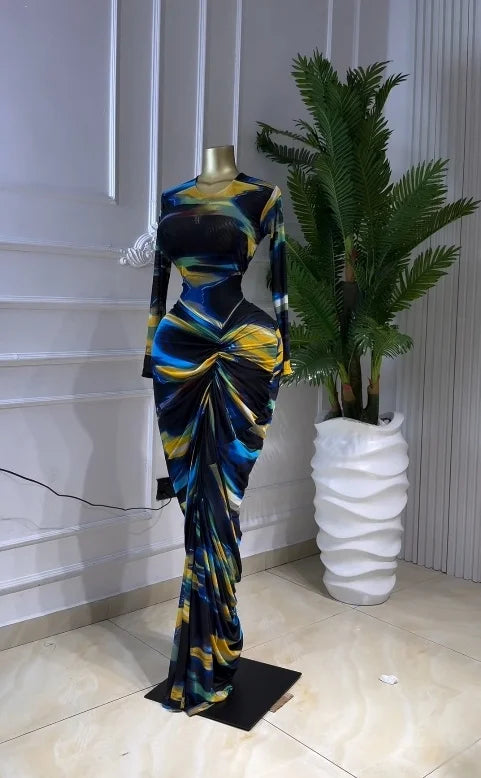 La Gloria Tie Dye Print Ruched Stacked Long Sleeve Bodycon Maxi Dress