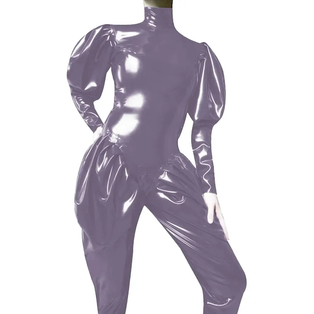 Sleeves Jumpsuit Sexy Zipper Open Crotch Catsuit Party High Neck Wetlook Rompers Female