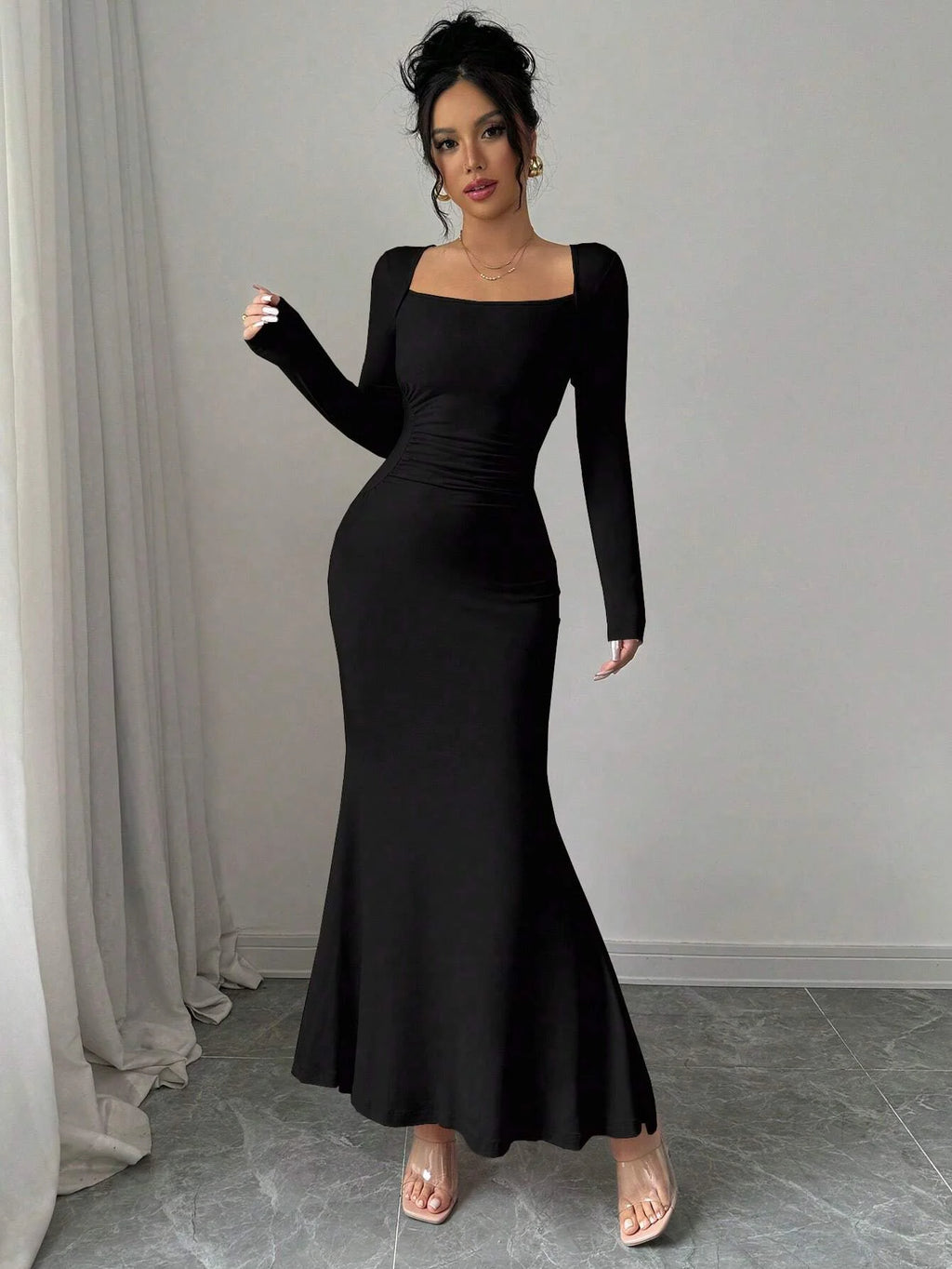 Nisao Four Seasons New Style Elegant Temperament Retro Solid Color Square Long Dress