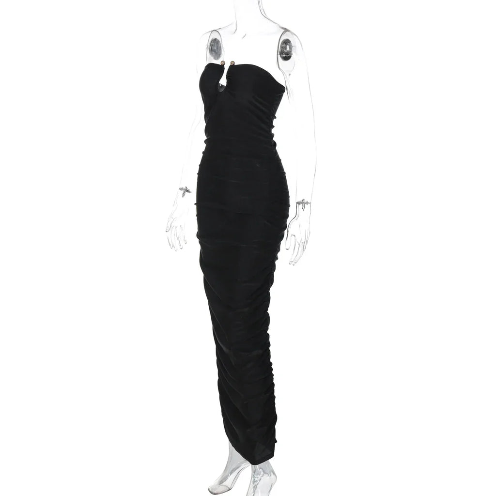 Greenville Sleeveless Strapless Pleated With Button Elegant Long Maxi Dress