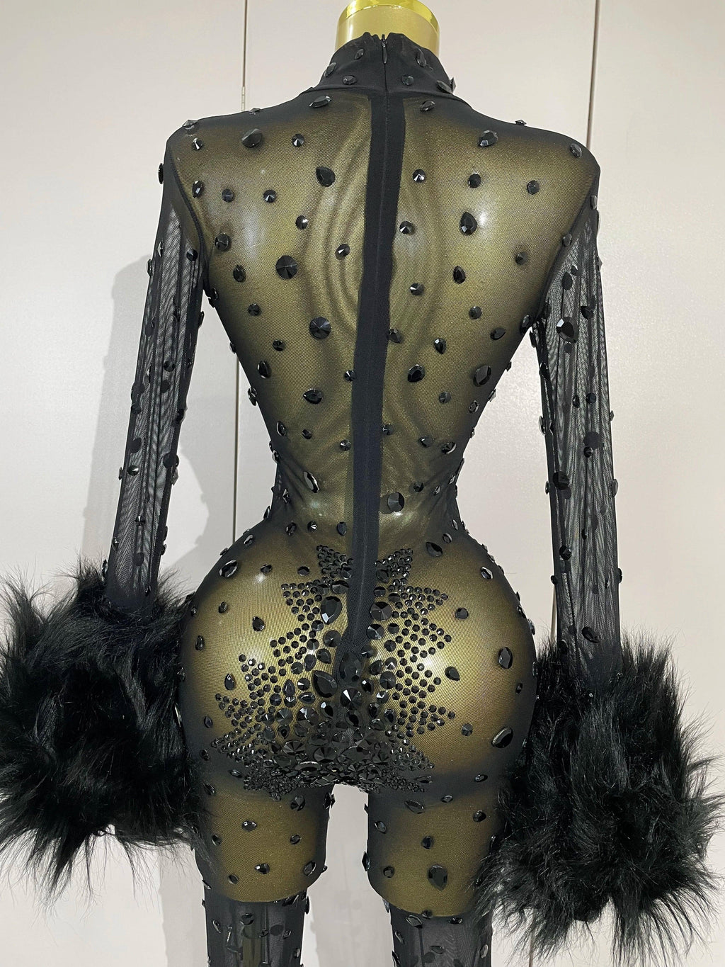 Binghamton Diamond Black Mesh Transparent Stretchy Long Sleeve Jumpsuit
