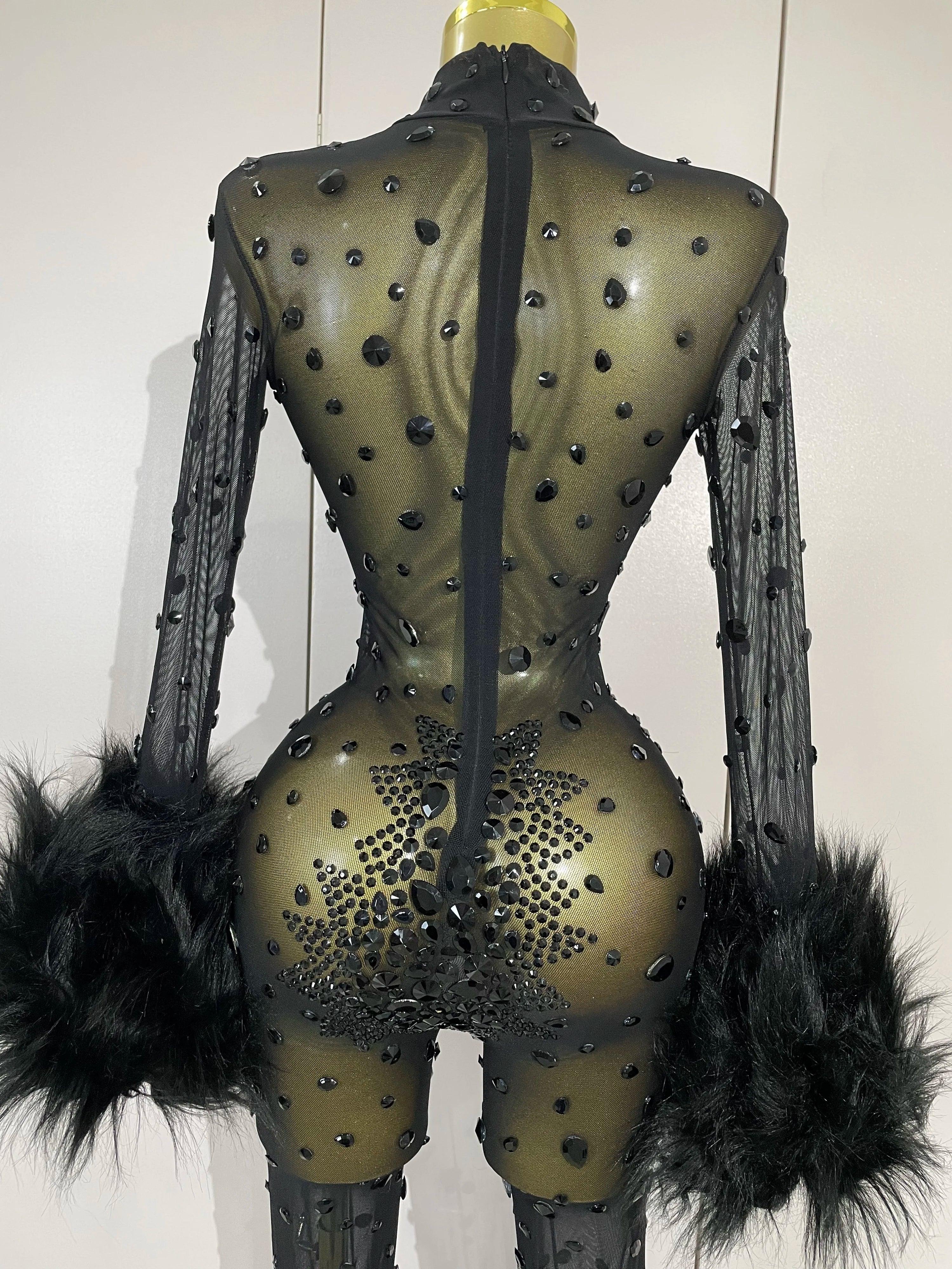 Binghamton Diamond Black Mesh Transparent Stretchy Long Sleeve Jumpsuit