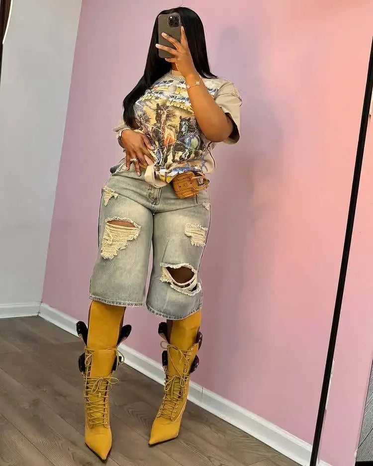 Stacy High Waisted Loose Vintage Ripped Denim Mid-length Straight-leg Denim Shorts