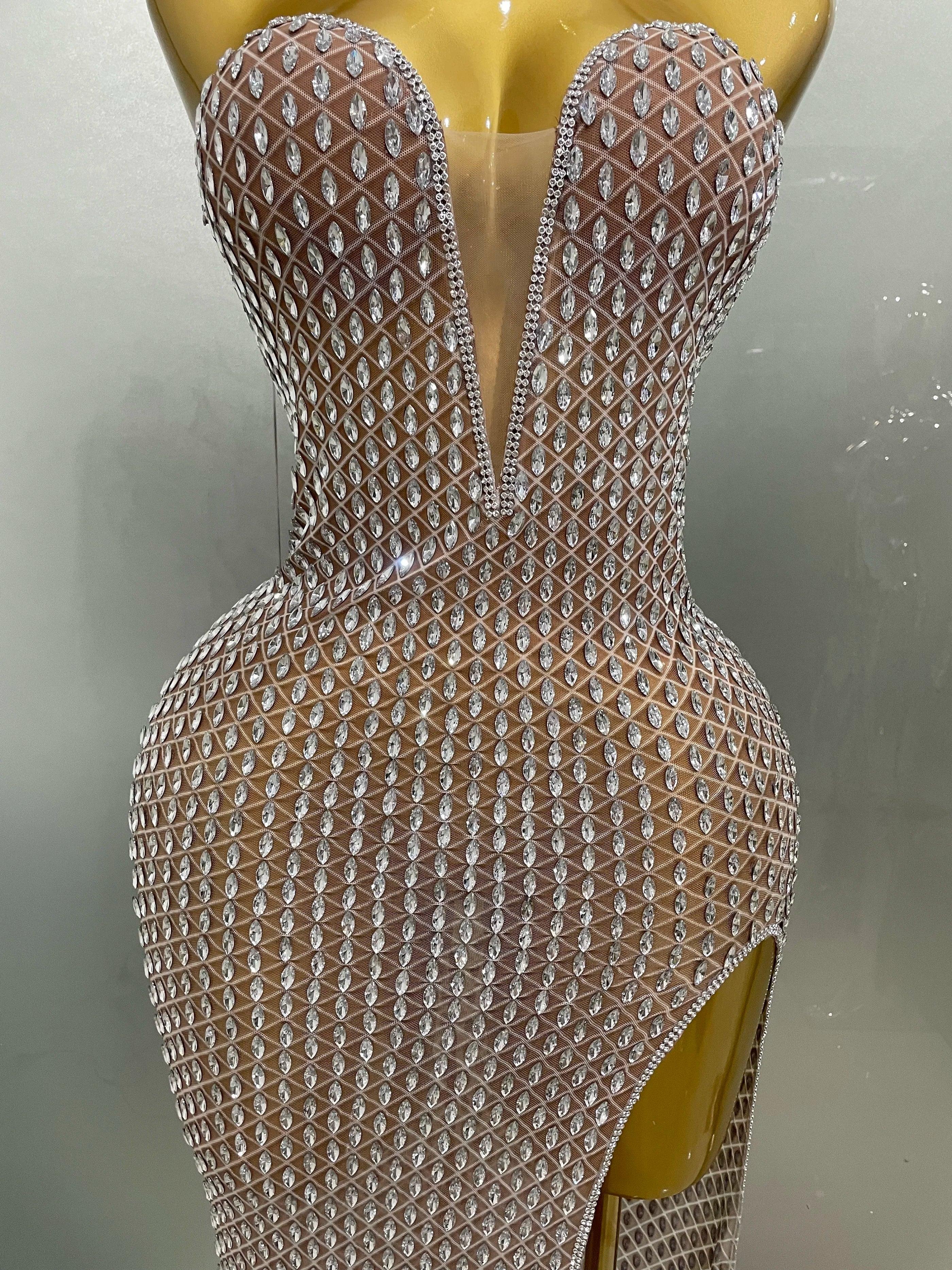 Frederick Full Rhinestones Mesh Transparent Long Elegant Dress