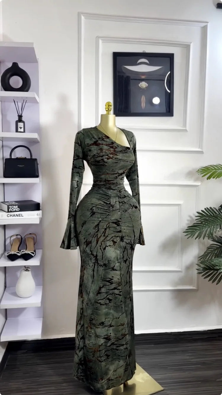 Vermella Printed Skew Neck Flare Long Sleeve Ruched Long Dress