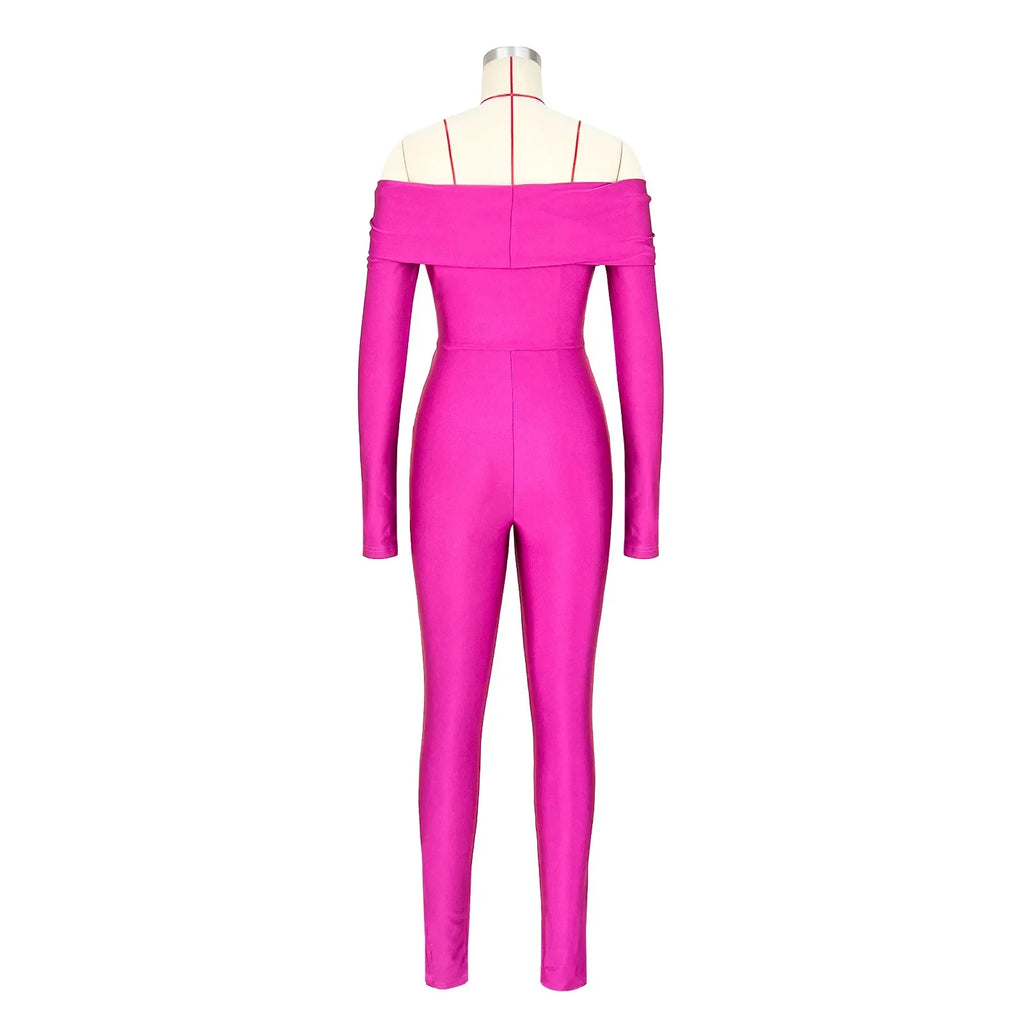 Oneida Hollow Out Sexy Party Clubwear Long Sleeve Slash Neck Crop Jumpsuits