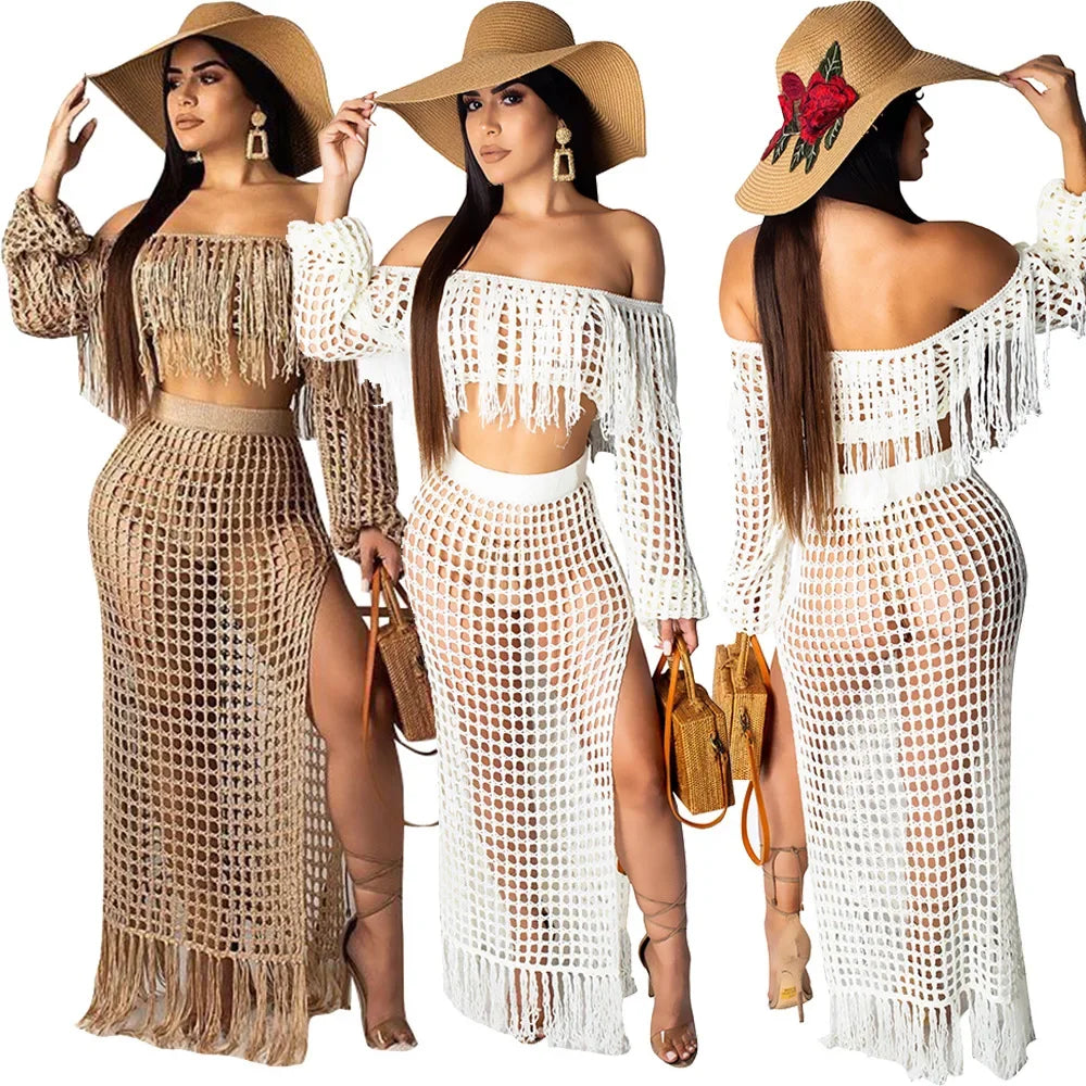 Off Shoulder Tassel Hollow Out Beach Set