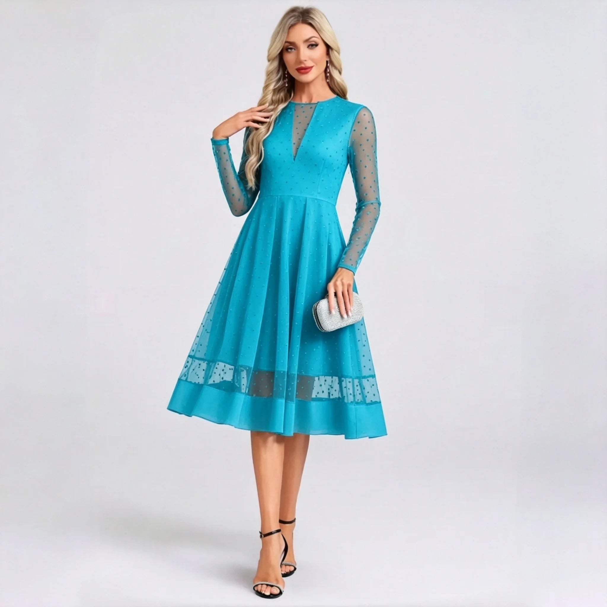 Benice Black Midi Cocktail Polka Dot Mesh Long Sleeve Illusion A‑Line Swing Dress