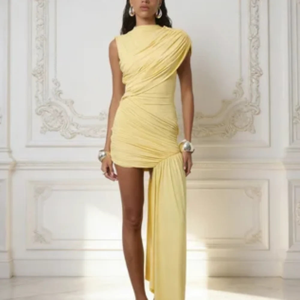 Aspen Knolls Ruched Sexy Solid Color Elegant Turtleneck Sleeveless Asymmetric Dress