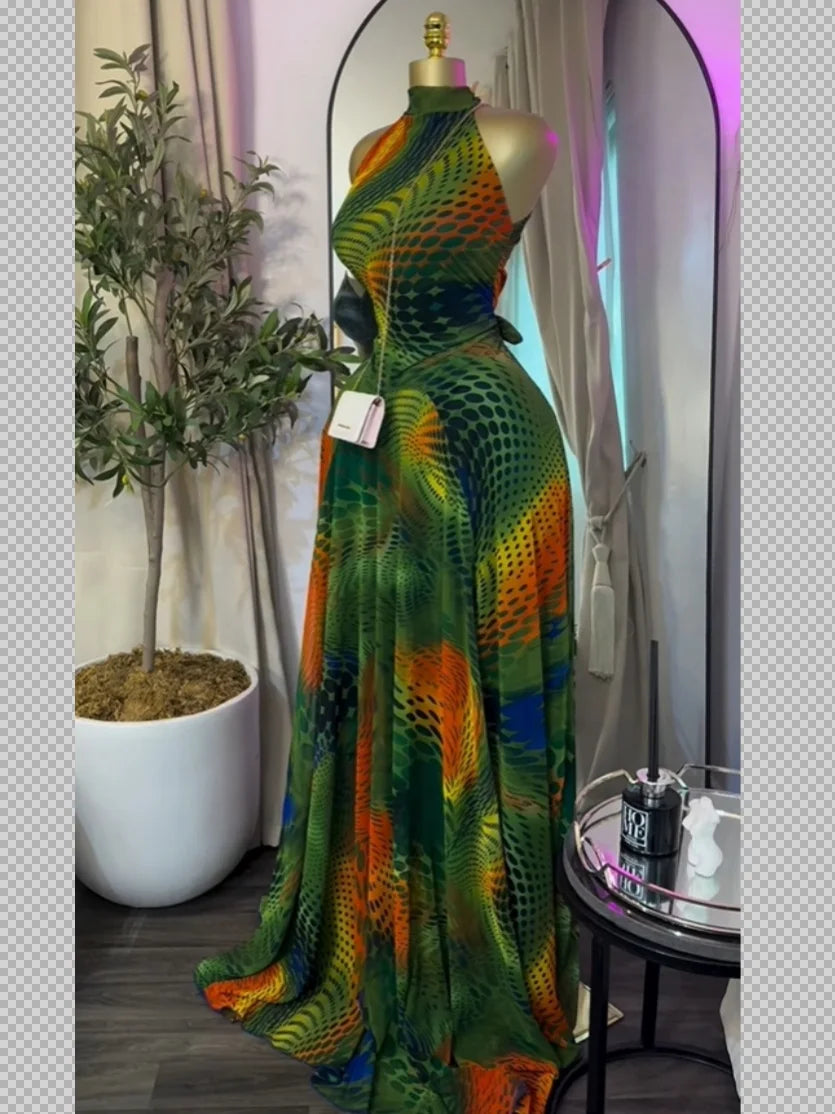 O Neck Sleeveless Floral Print Mermaid Evening Birthday Beach Sexy Maxi Dress