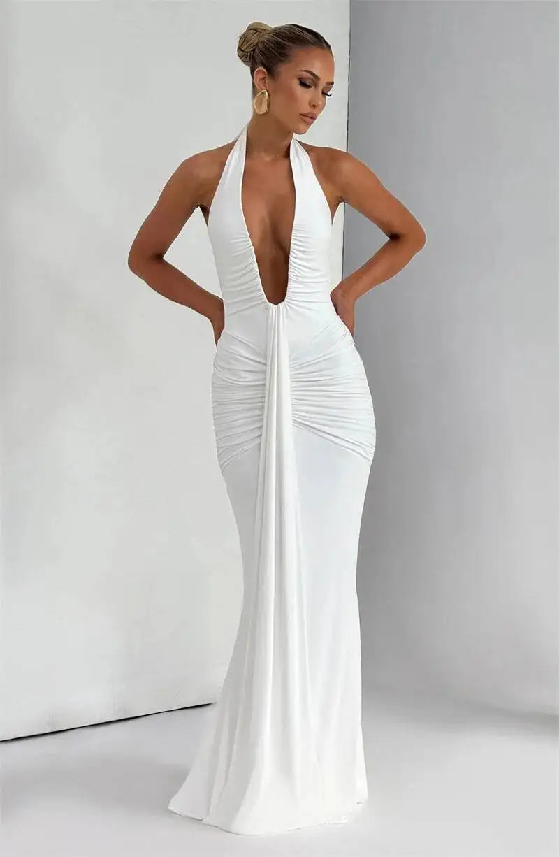 Deep V Neck Draped Ruched Sexy Halter Sleeveless Backless Club Party Long Dress