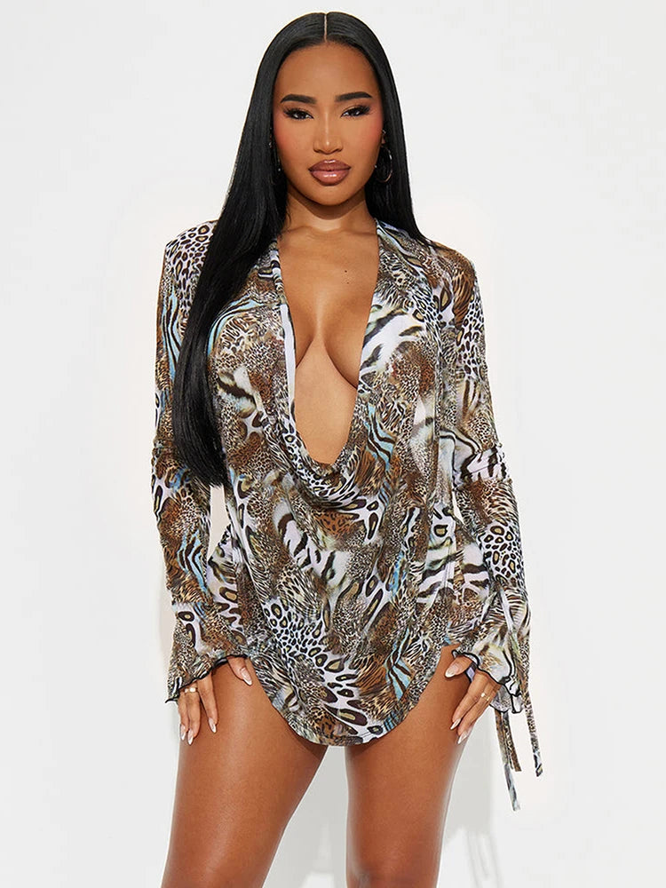 Chinatown Swing Collar Shirring Bell Sleeve Backless Sexy Stretch Leopard Print Suit