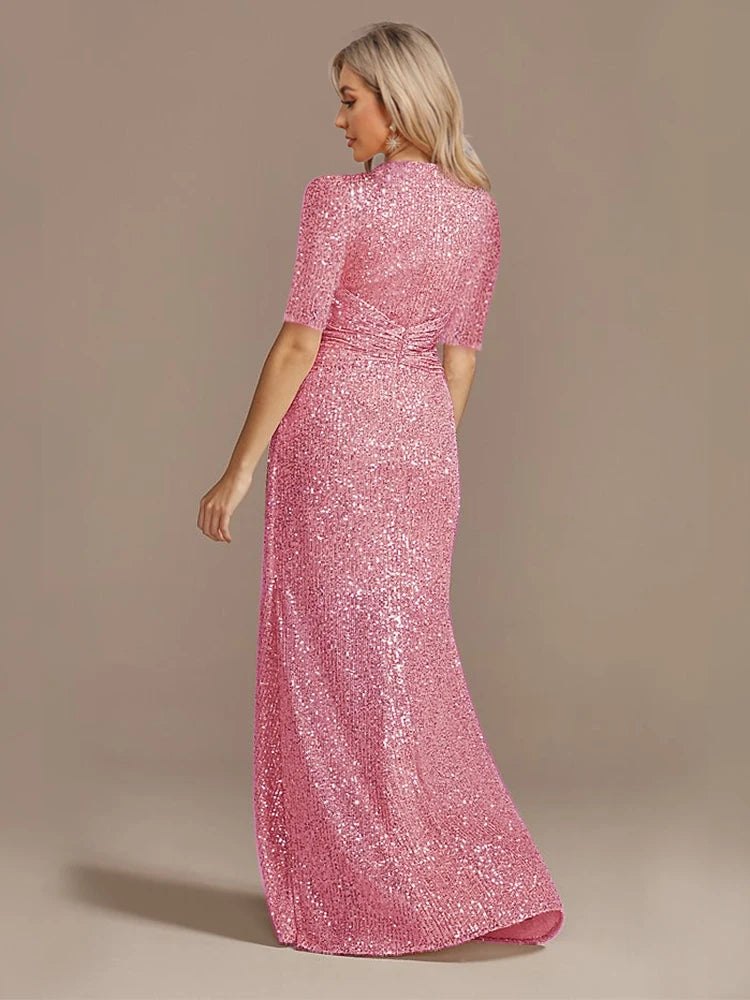 Columbus Luxury Pink Floor Length V Neck Evening Sequin Maxi Dress