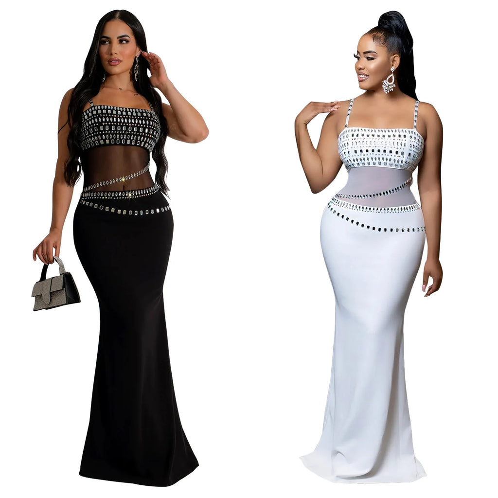 Stamford Diamond Mesh Sexy Transparent Lace Party Elegant Maxi Dress