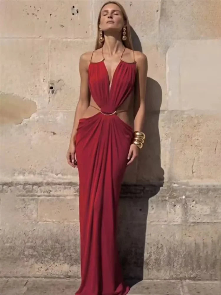 Solid Color Spaghetti Strap Sleeveless Sexy Deep V Cutout Waist Ruched Maxi Gown Dress