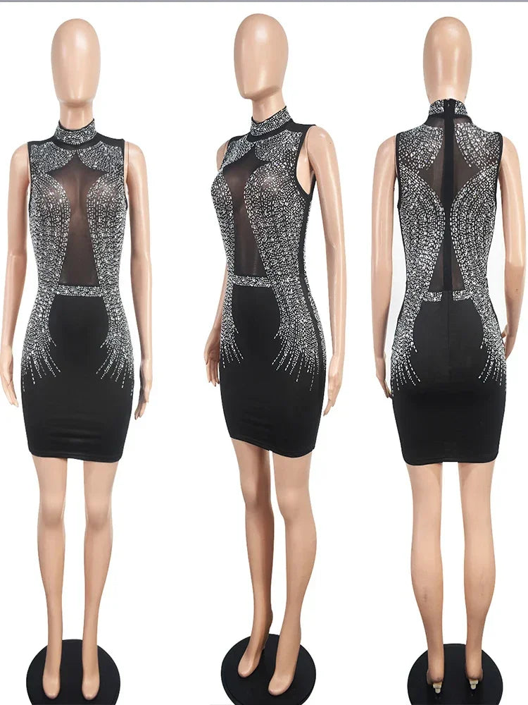 Maryland Stamping Diamond Elegant O-neck Sleeveless Tight Fitting Shiny Dress