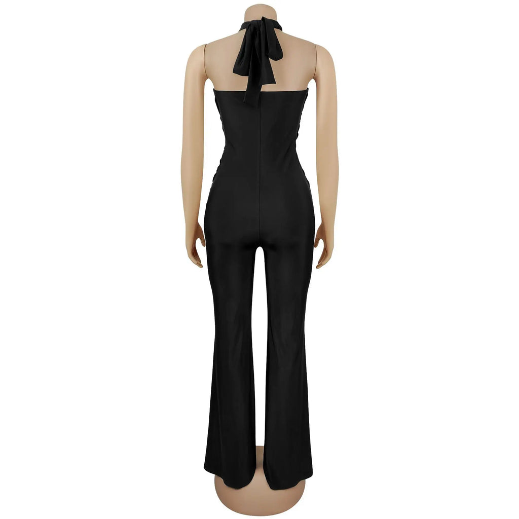 Peterborough Hollow Out Bandage Patchwork Halter Sleeveless Backless Jumpsuit