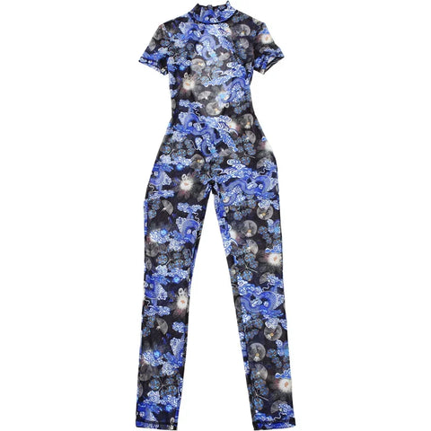 Auburn Hollow Out Playsuits Female Nightout Fashion Mesh Thin Sheer Jumpsuits