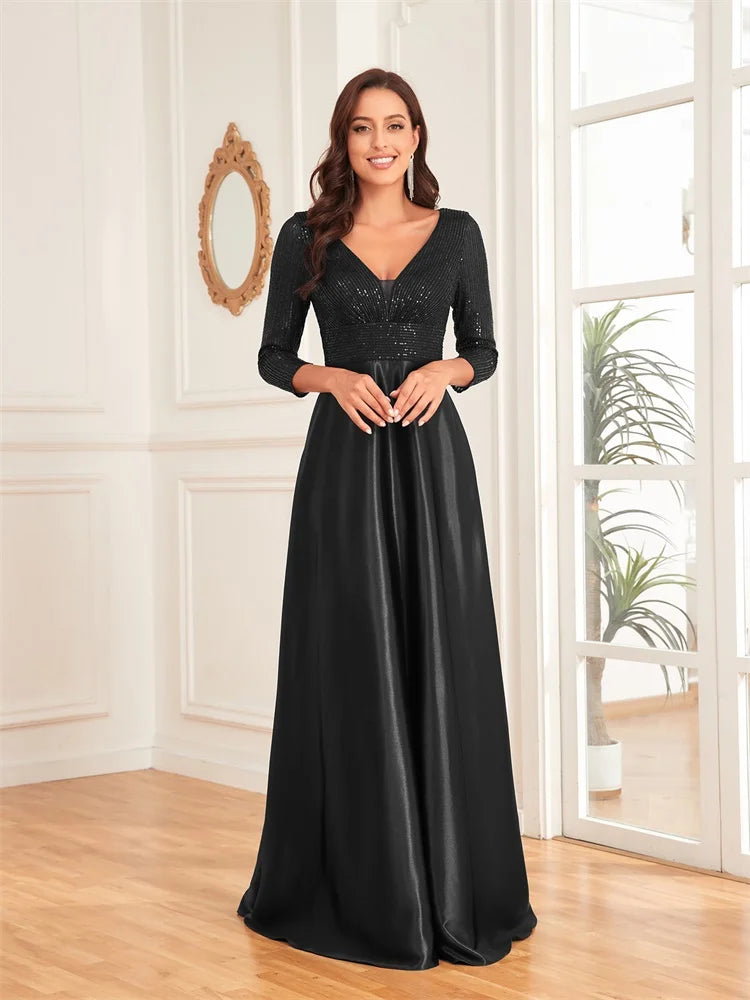 Egipt Elegant Sequins Long sleeves Evening Luxury Deep V Neck Satin Dress