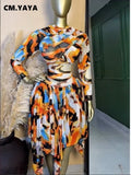 Tie Dye Printed Women Set Long Sleeve Wrap Crop Irregular A-line S.kirt Set