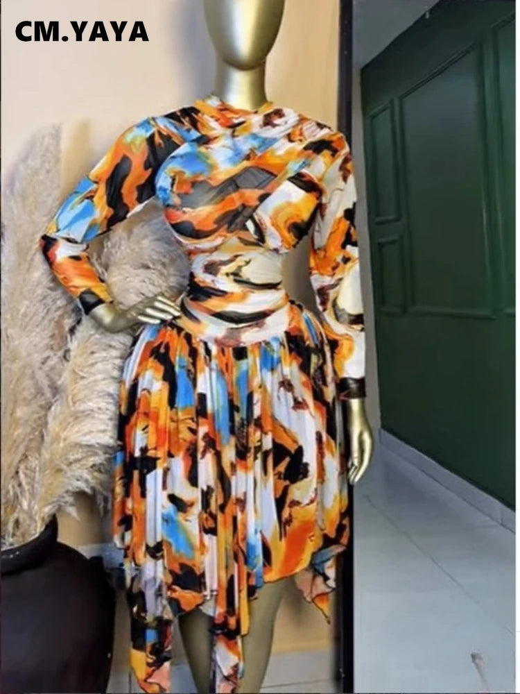 Tie Dye Printed Women Set Long Sleeve Wrap Crop Irregular A-line S.kirt Set
