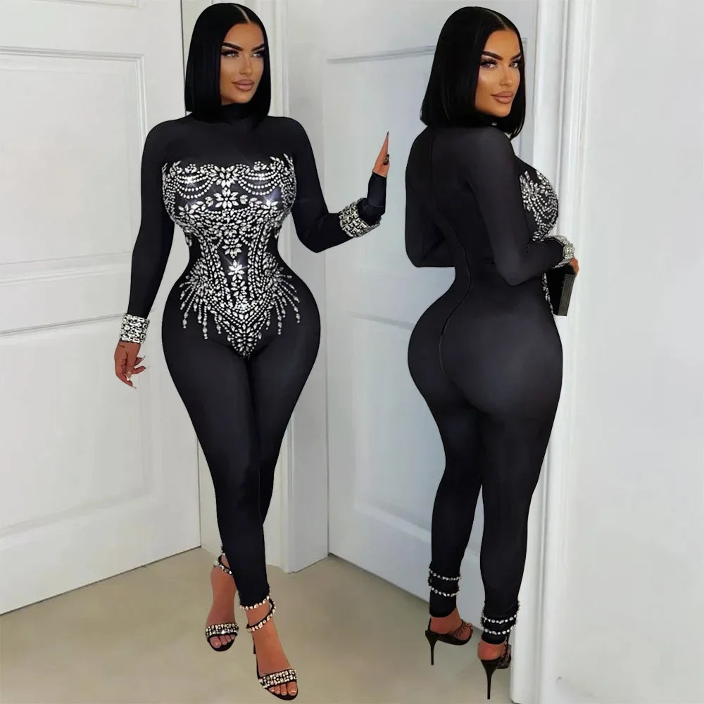 Upper East Sexy Rhinestone Patchwork Solid See Through Sparkling Jumpsuit