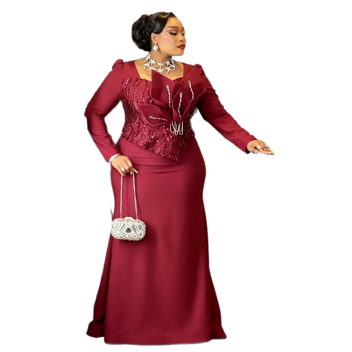 Virginia Plus Size Burgundy Sequin Fishtail Long Sleeved Dress