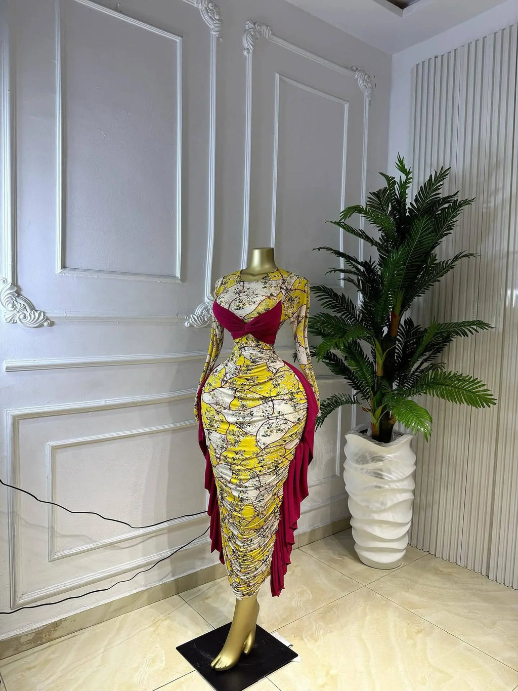 Kukutan O-neck Long Sleeve Floral Print Ruched Ruffles Long Maxi Dress