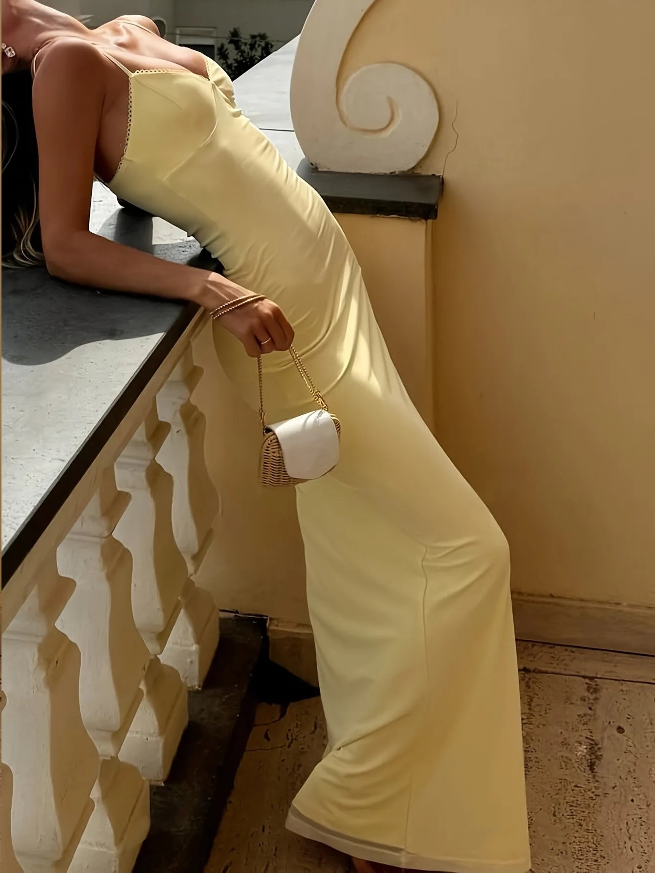 Delaware V Neck Yellow Dress With Sexy Backless Casual Slim Dyed Dress